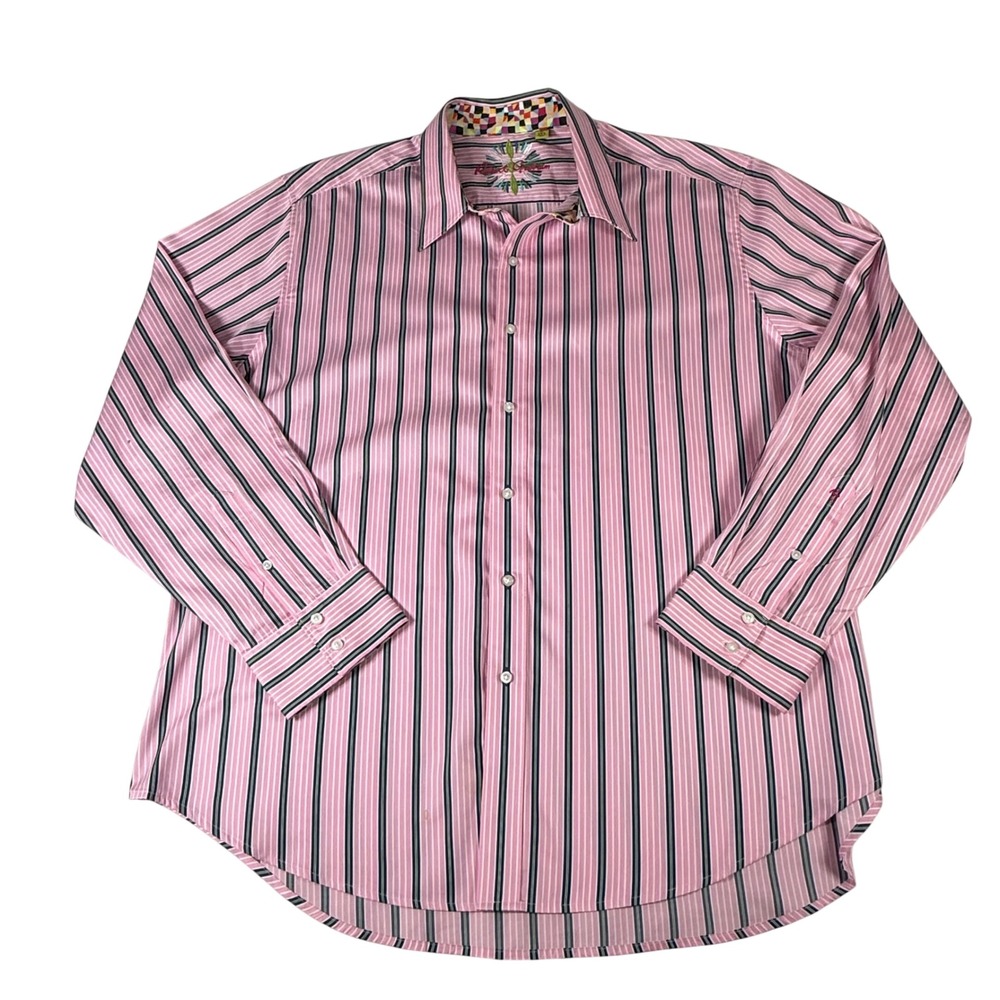 Robert Graham Shirt Mens 3XL Pink Navy‎ Striped Cotton Classic Fit Button Front